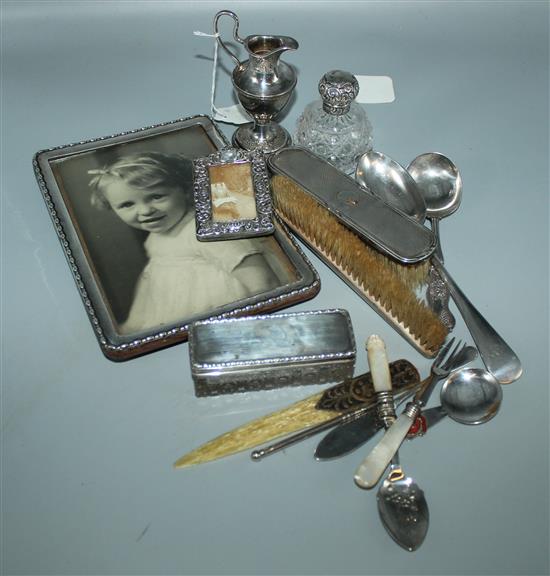 Silver pin dish, 2 silver-mounted photo frames, similar toilet bottle, trinket box and brush, sundry plated items & Zippo lighter(-)